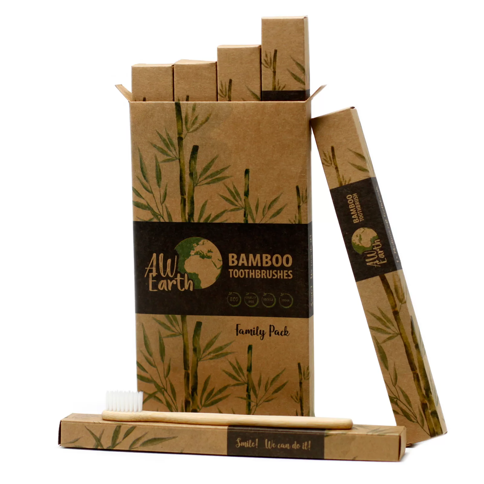Bamboo Toothbrush – White – Family Pack of 4 – Med Soft