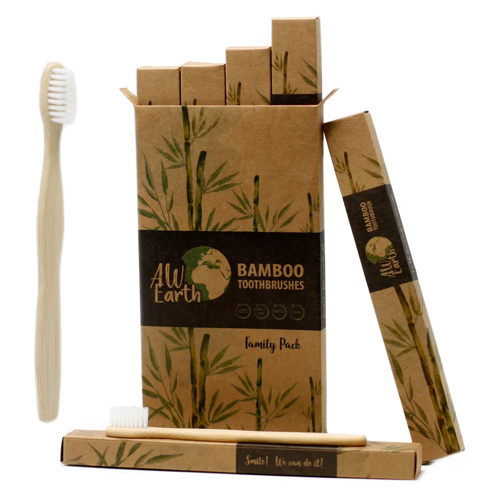 Bamboo Toothbrush – White – Family Pack of 4 – Med Soft