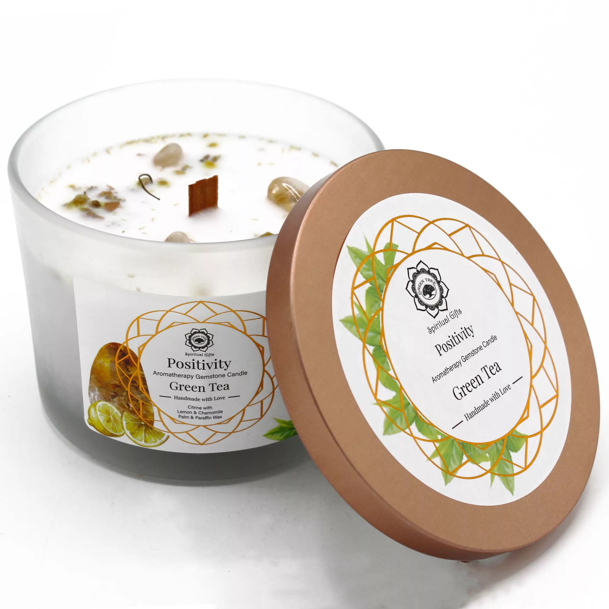 Green Tea and Citrine Gemstone Candle – Positivity