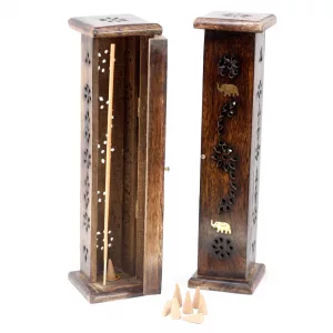 Square Incense Tower – Brass inlay – Mango Wood