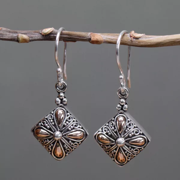 Silver & Gold Earring - Square Drop - Image 3