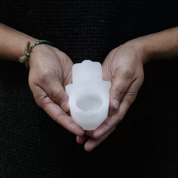 Selenite Hamsa Candle Holder - Image 4