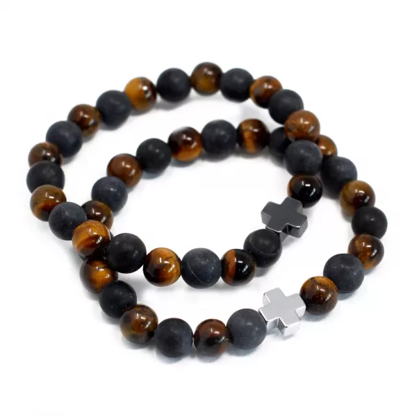 Set of 2 Gemstones Friendship Bracelets - Power - Tiger Eye & Black Stone - Image 2