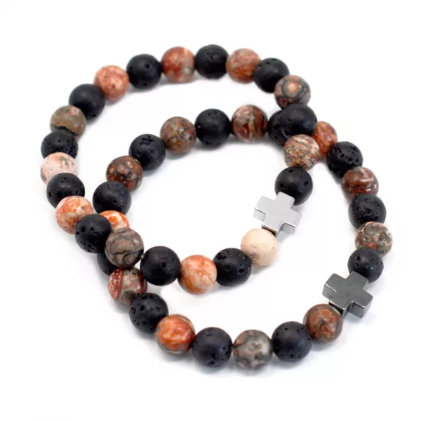 Set of 2 Gemstones Friendship Bracelets - Eternity - Leopard Skin Jasper & Lava Stone - Image 2