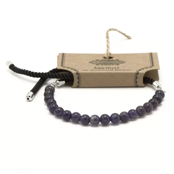 925 Silver Plated Gemstone Black String Bracelet - Amethyst - Image 2