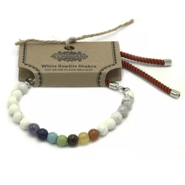 925 Silver Plated Gemstone Royal Red String Bracelet - White Howlite Chakra - Image 2