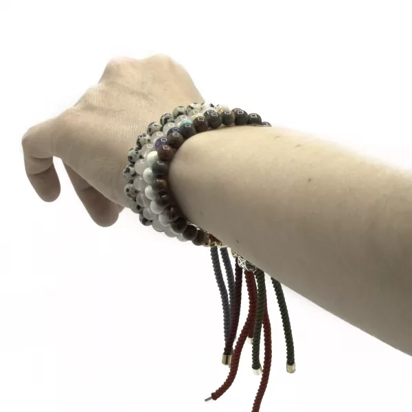925 Silver Plated Gemstone Charcoal String Bracelet - Dalmatian Jasper - Image 4