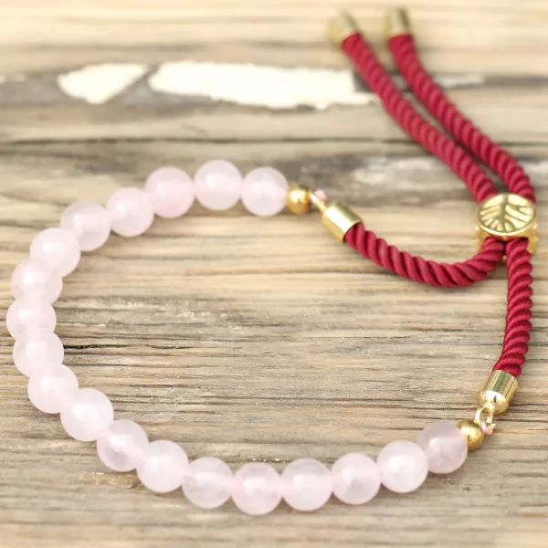 18K Gold Plated Gemstone Bordeaux String Bracelet - Rose Quartz - Image 4