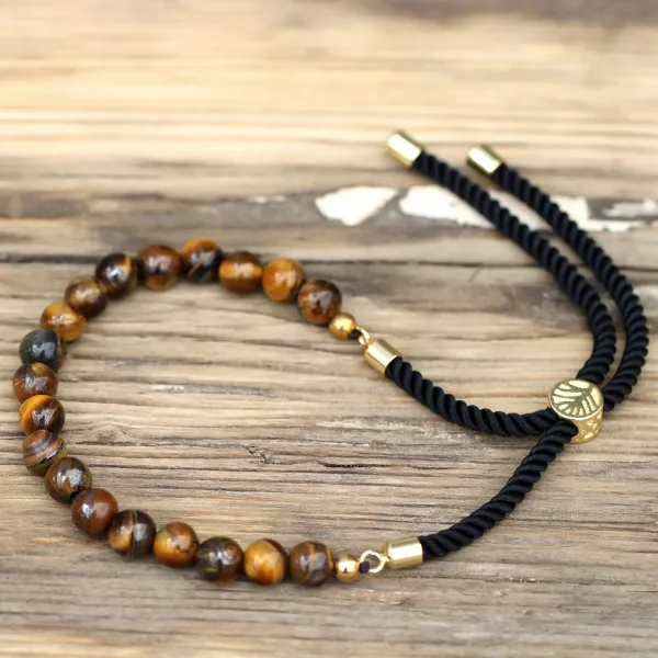 18K Gold Plated Gemstone Black String Bracelet - Tiger Eye - Image 4