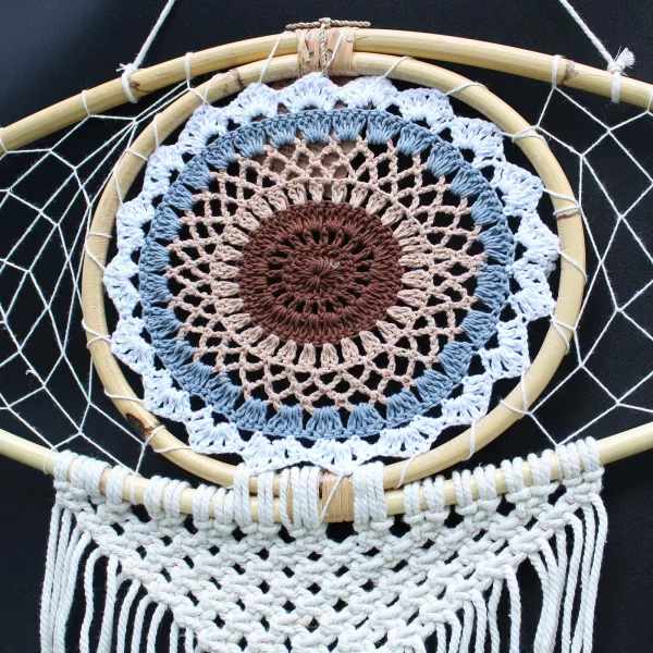 Protection Dream Catcher - Lrg Macrame Evil Eye White/ Grey/Brown - Image 2