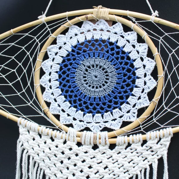 Protection Dream Catcher  - Lrg Macrame Evil Eye White/ Blue/Grey - Image 3