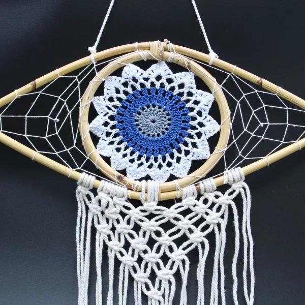 Protection Dream Catcher - Med Macrame Evil Eye White/ Blue/Grey - Image 2