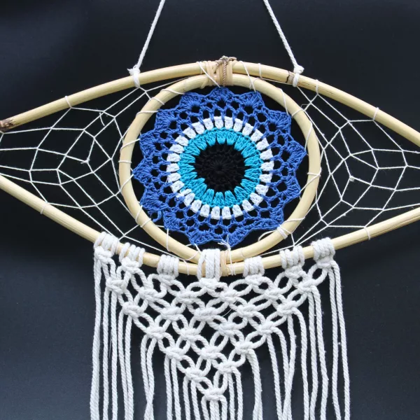 Protection Dream Catcher - Med Macrame Evil Eye Blue/White/Black - Image 2