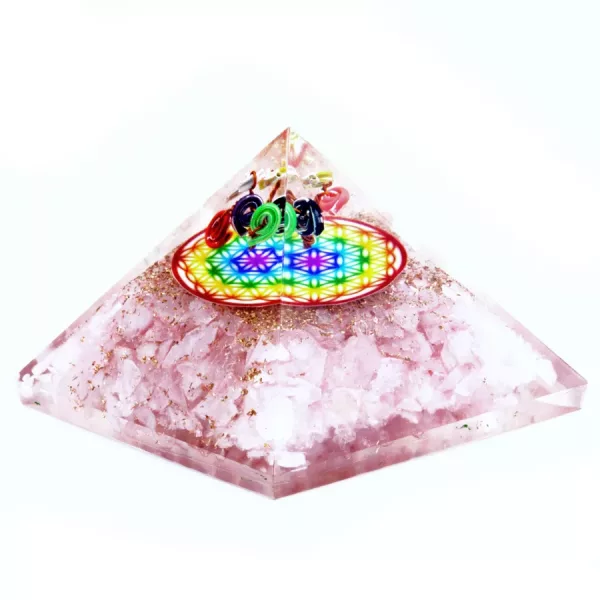 Orgonite Pyramid -  Rose Quartz Rainbow Flower of Life - 70 mm