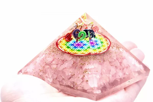 Orgonite Pyramid -  Rose Quartz Rainbow Flower of Life - 70 mm - Image 2