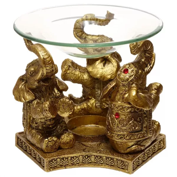Lucky Elephant Gold Oil and Tart Burner with Glass Dish - Image 2