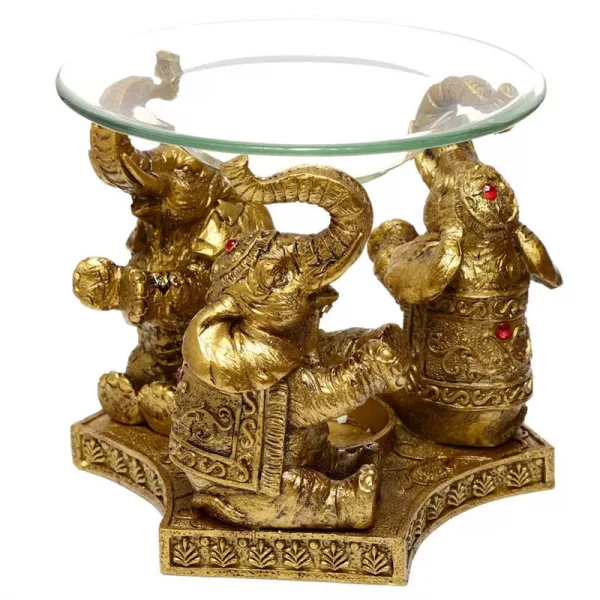 Lucky Elephant Gold Oil and Tart Burner with Glass Dish - Image 3