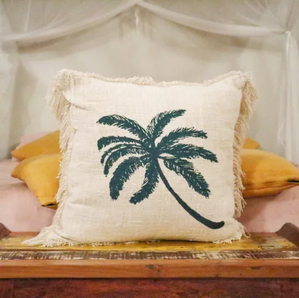 Linen Cushion Cover 60x60cm Palm Tree  with Fringe - Image 2