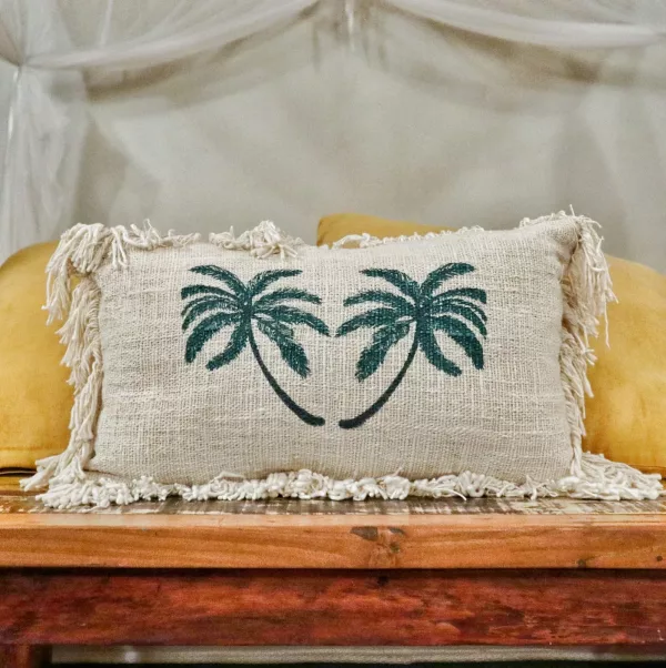 Linen Cushion Cover 30x50cm Palm Tree with Fringe - Image 2