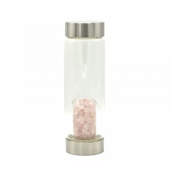 Crystal Infused Glass Water Bottle - Rejuvenating Rose Quartz - Chips