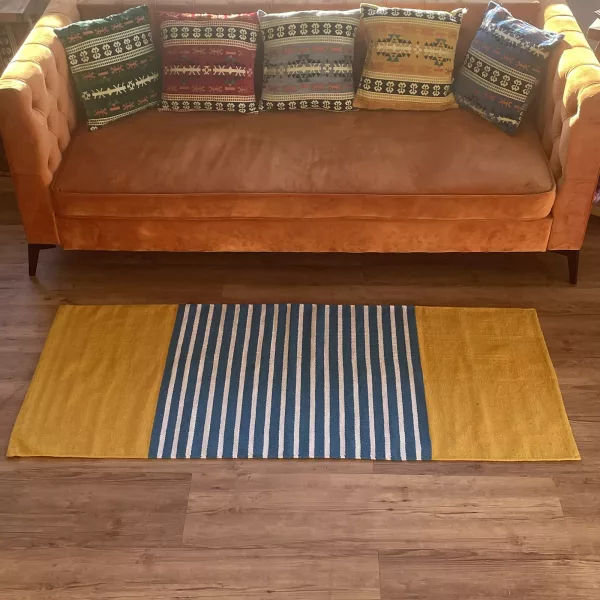 Indian Cotton Rug - 70x170cm - Yellow/ Blue - Image 3