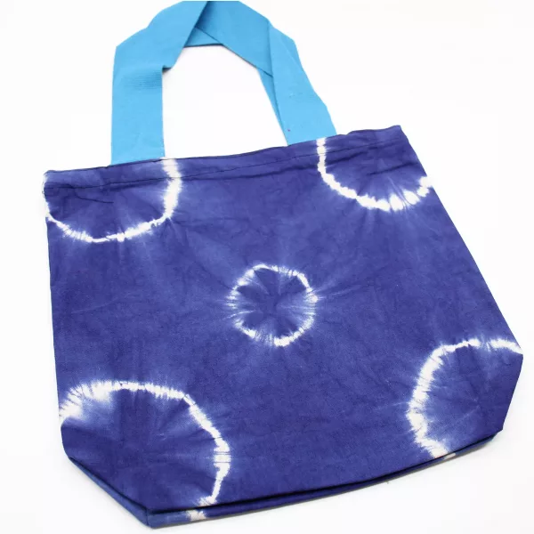 Natural Tye-Dye Cotton Bag (8oz) - 38x42x12cm - Blue Rings - Blue Handle - Image 3