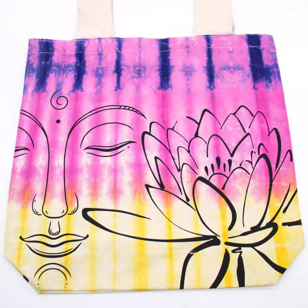 Tye-Dye Cotton Bag (6oz) - 38x42x12cm - Lotus Buddha - Multi Col - Natural Handle - Image 2