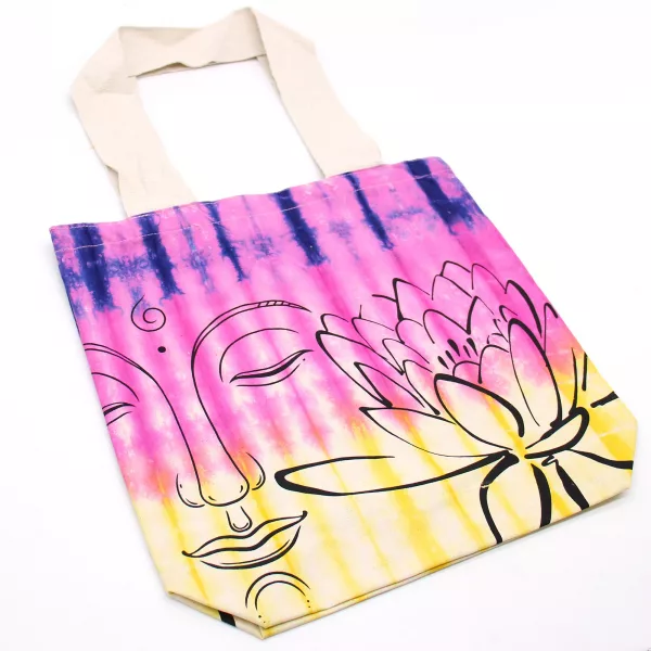Tye-Dye Cotton Bag (6oz) - 38x42x12cm - Lotus Buddha - Multi Col - Natural Handle - Image 3