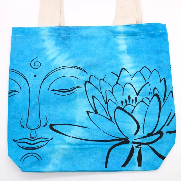 Tye-Dye Cotton Bag (6oz) - 38x42x12cm - Lotus Buddha - Blue - Natural Handle - Image 2