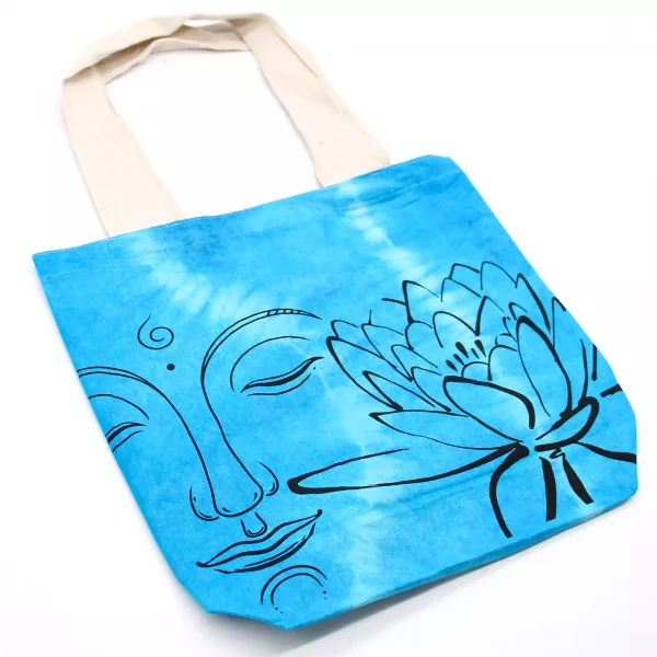 Tye-Dye Cotton Bag (6oz) - 38x42x12cm - Lotus Buddha - Blue - Natural Handle - Image 3