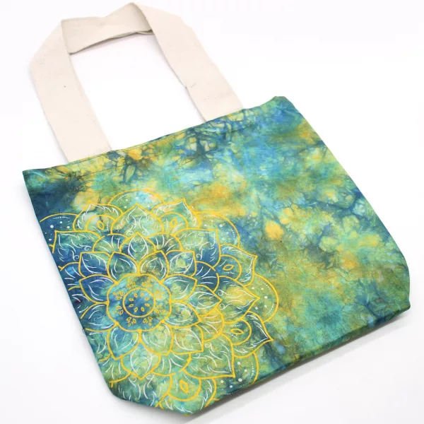 Tye-Dye Cotton Bag (6oz) - 38x42x12cm -  Mandela - Green/Blue - Natural Handle - Image 3