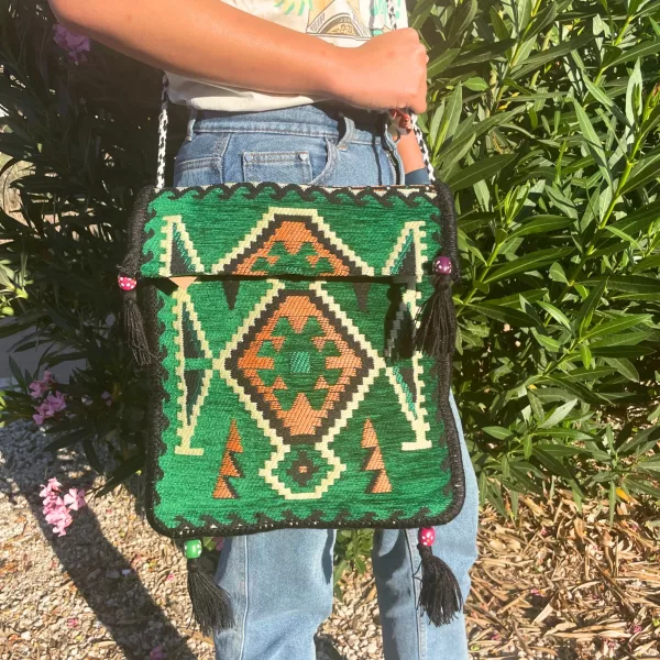 Emerald Green Kilim Messenger Festival Bag - Image 2