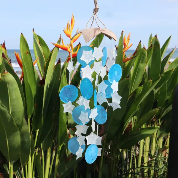 Coconut & Capiz Windchimes - Blue and White Stars - 30cm - Image 2