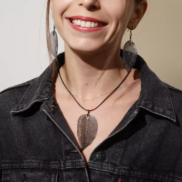Necklace & Earring Set - Bravery Leaf - Pewter - Image 4
