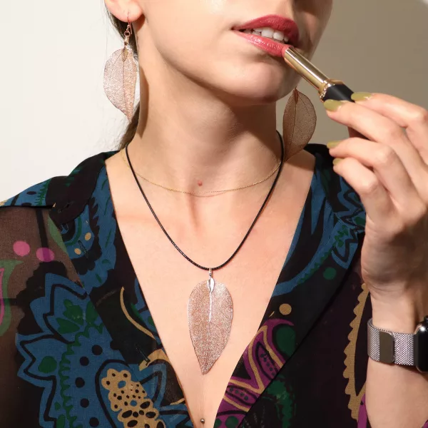 Necklace & Earring Set - Bravery Leaf - Pink Gold - Image 4