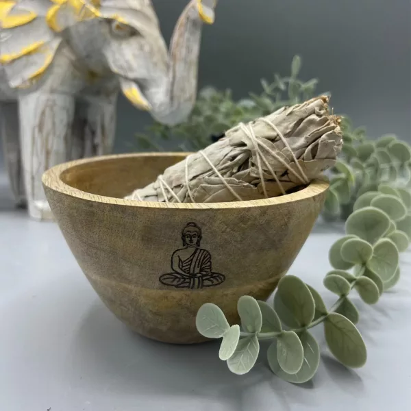 Wooden Smudge and Ritual Offerings Bowl - Buddha - 11x7cm - Image 3