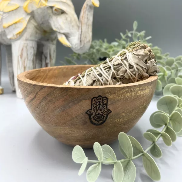Wooden Smudge and Ritual Offerings Bowl - Hamsa - 13x7cm - Image 2