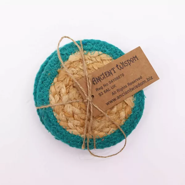 Natural Coaster - Jute & Cotton 10cm  (set of 4) - Teal Boarder - Image 2