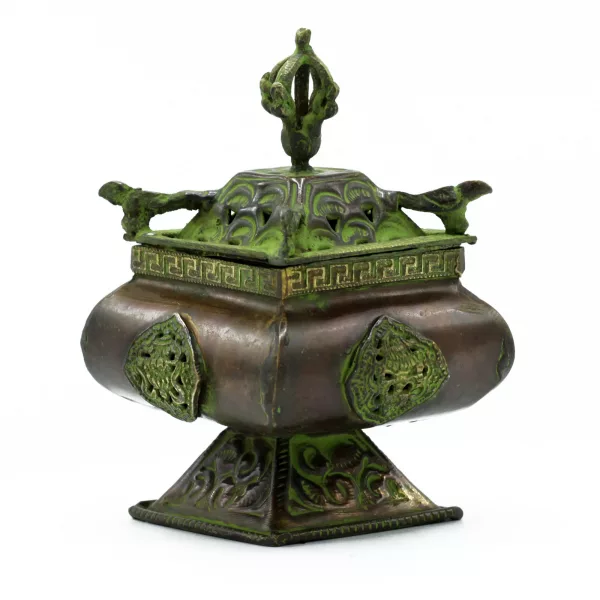 Brass Verdigris Tibetan Burner - Four Symbols Square Standing Pot