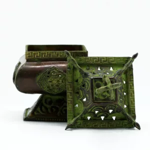 Brass Verdigris Tibetan Burner – Four Symbols Square Standing Pot