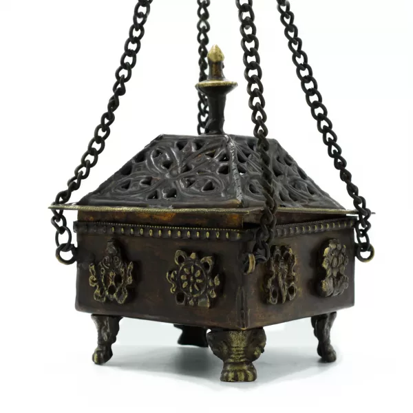 Brass Tibetan Burner - Eight Symbols Square Hanging Pot - Image 2