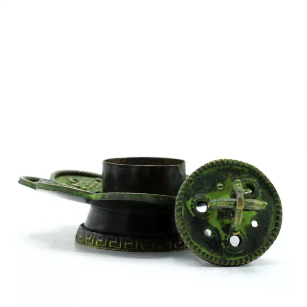Brass Verdigris Tibetan Cone & Incense Holder - Eight Symbols - Image 2