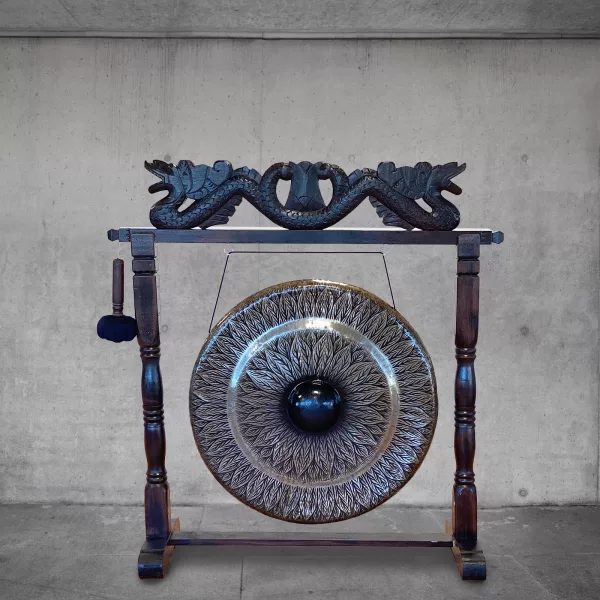 Large Gong in Brown Antique Stand - 80cm - Black - pattern - Image 4