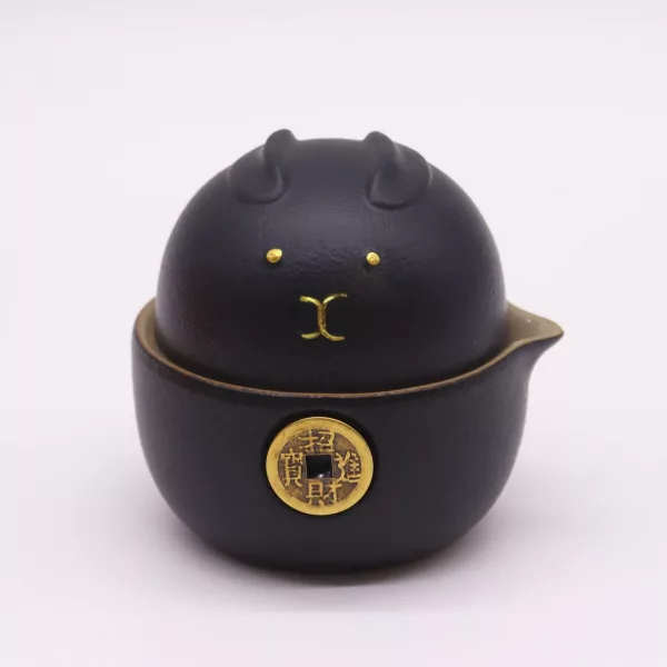 Money Cat Teapot Set - Two Cups - Travel Pack - Black - Image 4