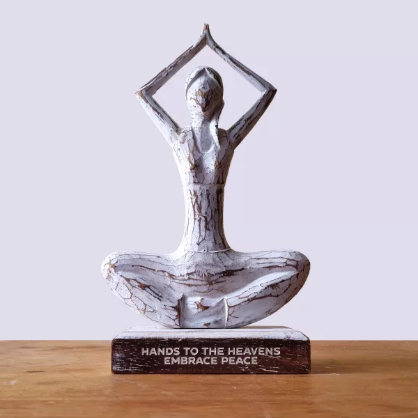 Wooden Yoga Lady - Whitewash - Hands Up Pose - \"Hands to the Heavens Embrace Peace\" - Image 2