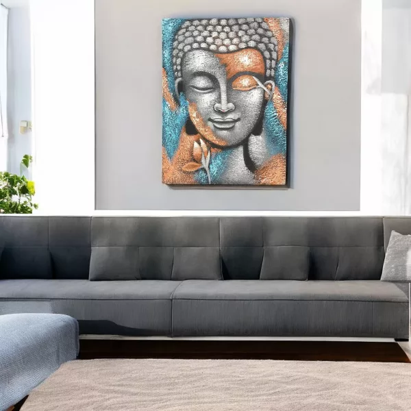 Buddha Painting - Silver & Rose Gold Flower 75x55cm - Image 3