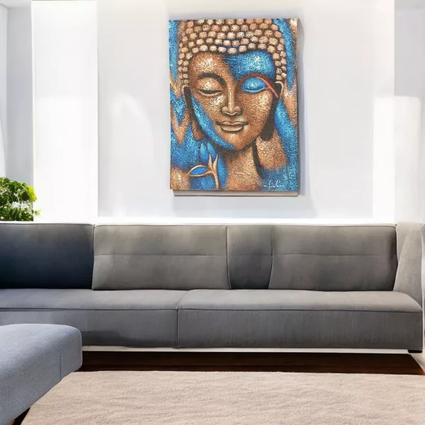 Buddha Painting - Bronze & Blue Flower 75x55cm - Image 2