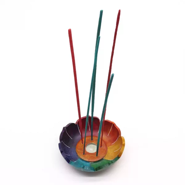 Soapstone Lotus Flower Incense Holder - Chakra Colours - Image 2