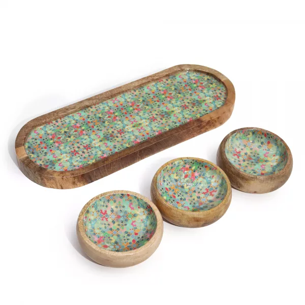 Mango Wood Tray with 3 Bowls - Mediterranean Tile pattern - Image 2