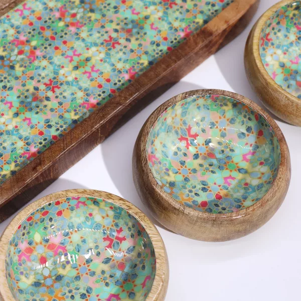 Mango Wood Tray with 3 Bowls - Mediterranean Tile pattern - Image 3